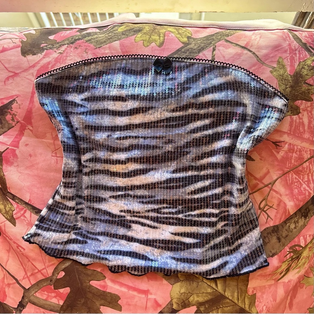 zebra print sequin sexy girl's y2k tube top blue black & white shiny bandeau